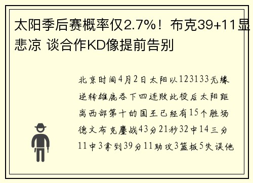 太阳季后赛概率仅2.7%！布克39+11显悲凉 谈合作KD像提前告别