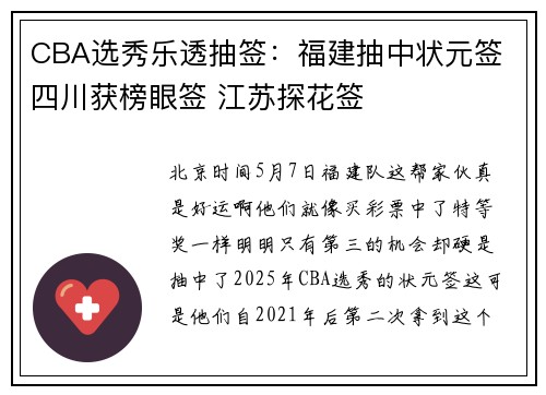 CBA选秀乐透抽签：福建抽中状元签 四川获榜眼签 江苏探花签